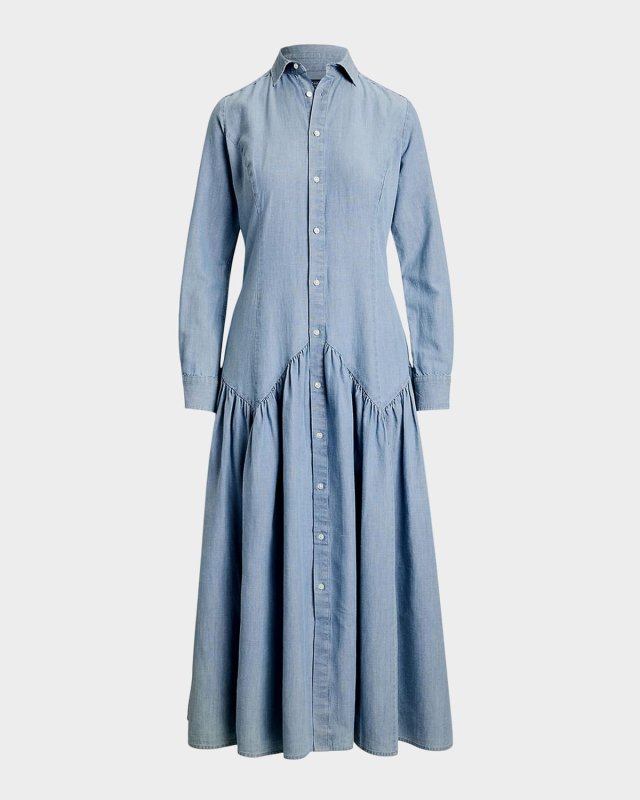 Long-Sleeve Cotton-Linen Chambray Shirtdress